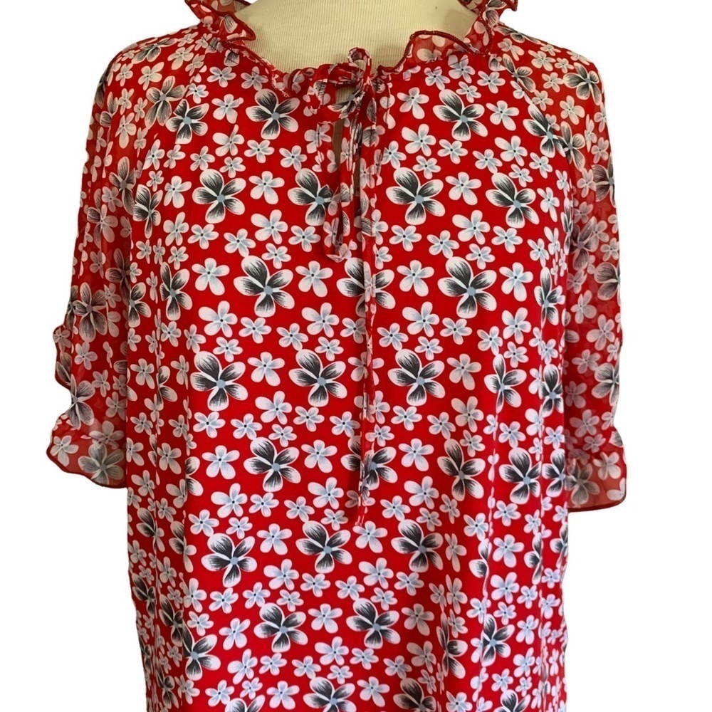 NY COLLECTION 1X Plus Size Floral Red relaxed fit women's Blouse top shirt - Picture 2 of 12